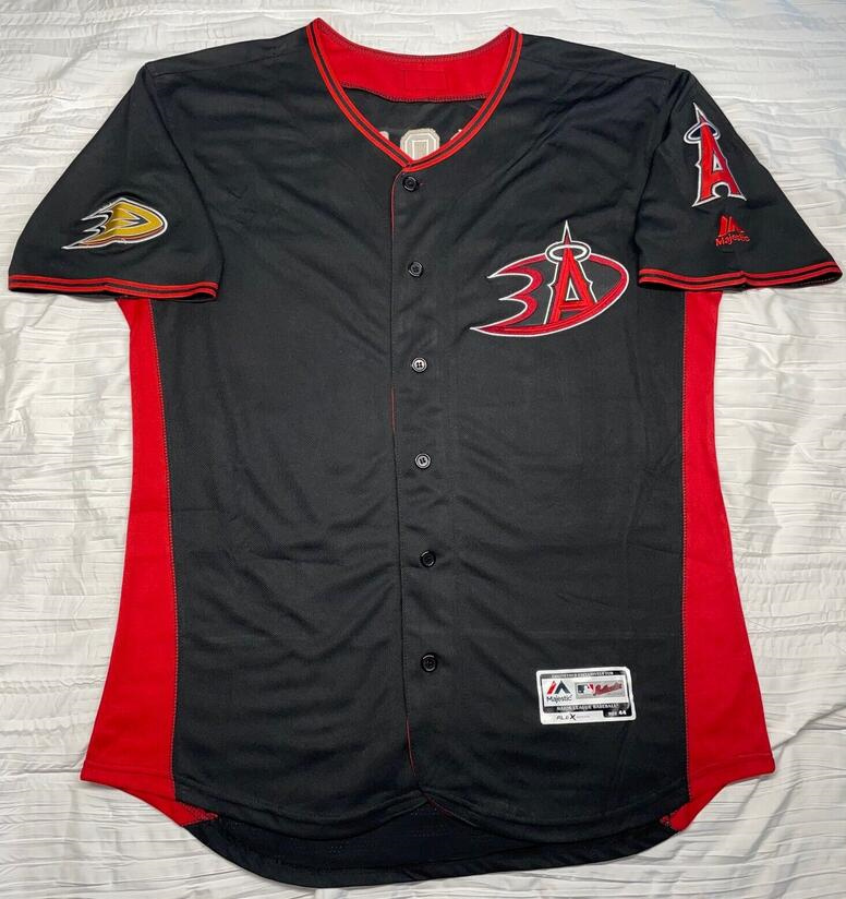 Men's Los Angeles Angels X Anaheim Ducks #27 Mike Trout Black Flex Base Stitched Jersey Men's Los Angeles Angels X Anaheim Ducks #27 Mike Trout Black Flex Base Stitched Jersey